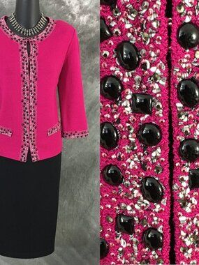 BEAUTIFUL St John knit pink black embellished evening jacket skirt suit size 4